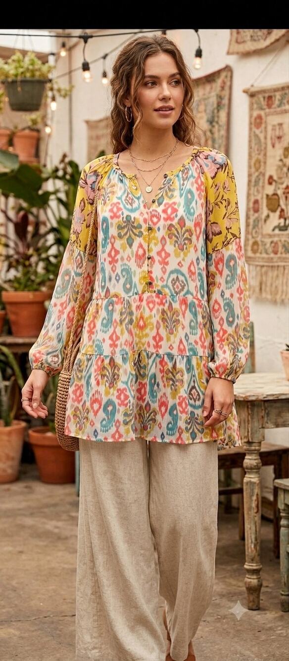 Anthropologie Maureen Babydoll Yellow Blue Tunic Top New Small